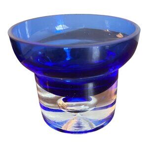 Handblown Cobalt Blue Art Glass Bowl, Approx.  3" Tall x4" Wide Thick Clear Base